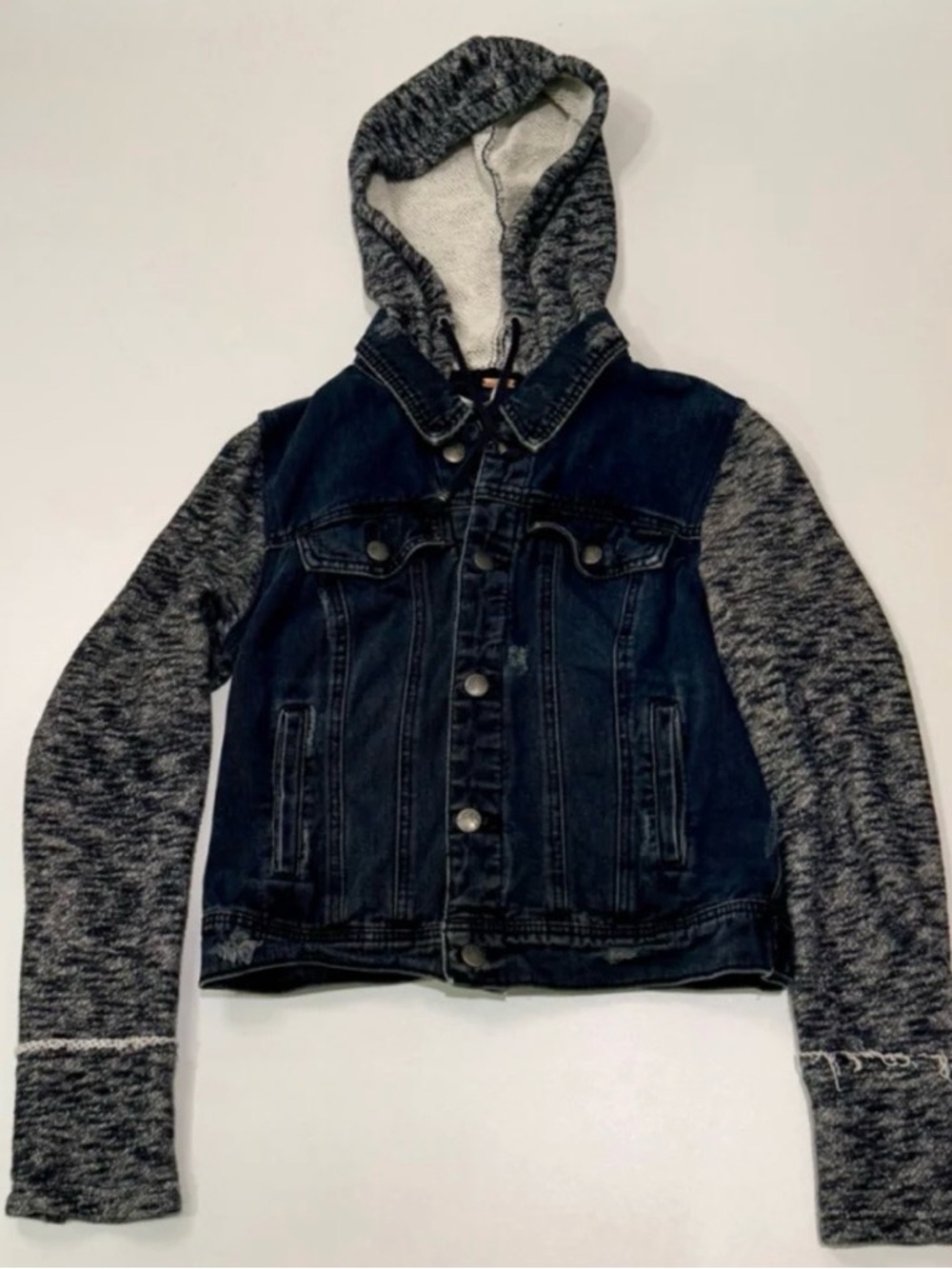 Free People Denim Knit Sleeve Hooded Jacket Distressed Dark Wash Size L - Picture 2 of 9